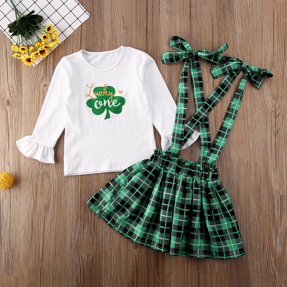 St Patricks Day Shamrock Suspender Skirt Girls Outfit Set - Picture 2 of 7